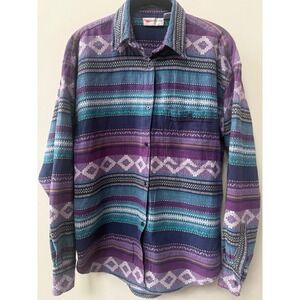 Cristina Southwest Boho Button Shirt Womens Size L Purple Teal Woven 100% Cotton